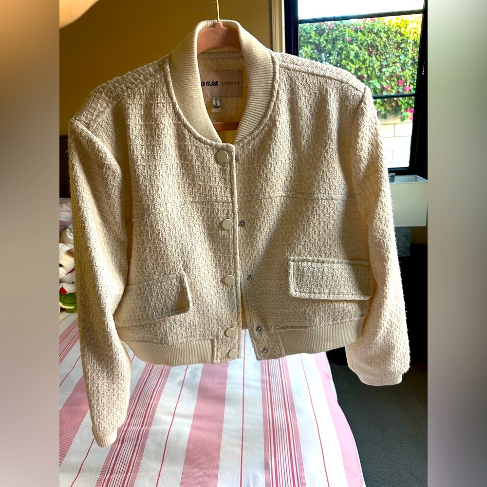 River Island London White Bomber jacquard Jacket Size 6
